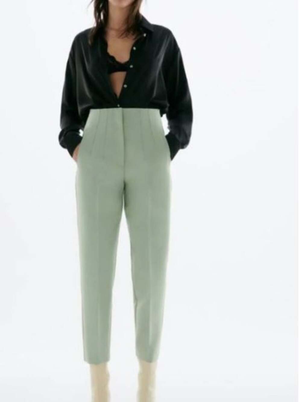 Zara High Waisted Mint Green Sage Pleated Pastel Dress Pants Trousers L Work